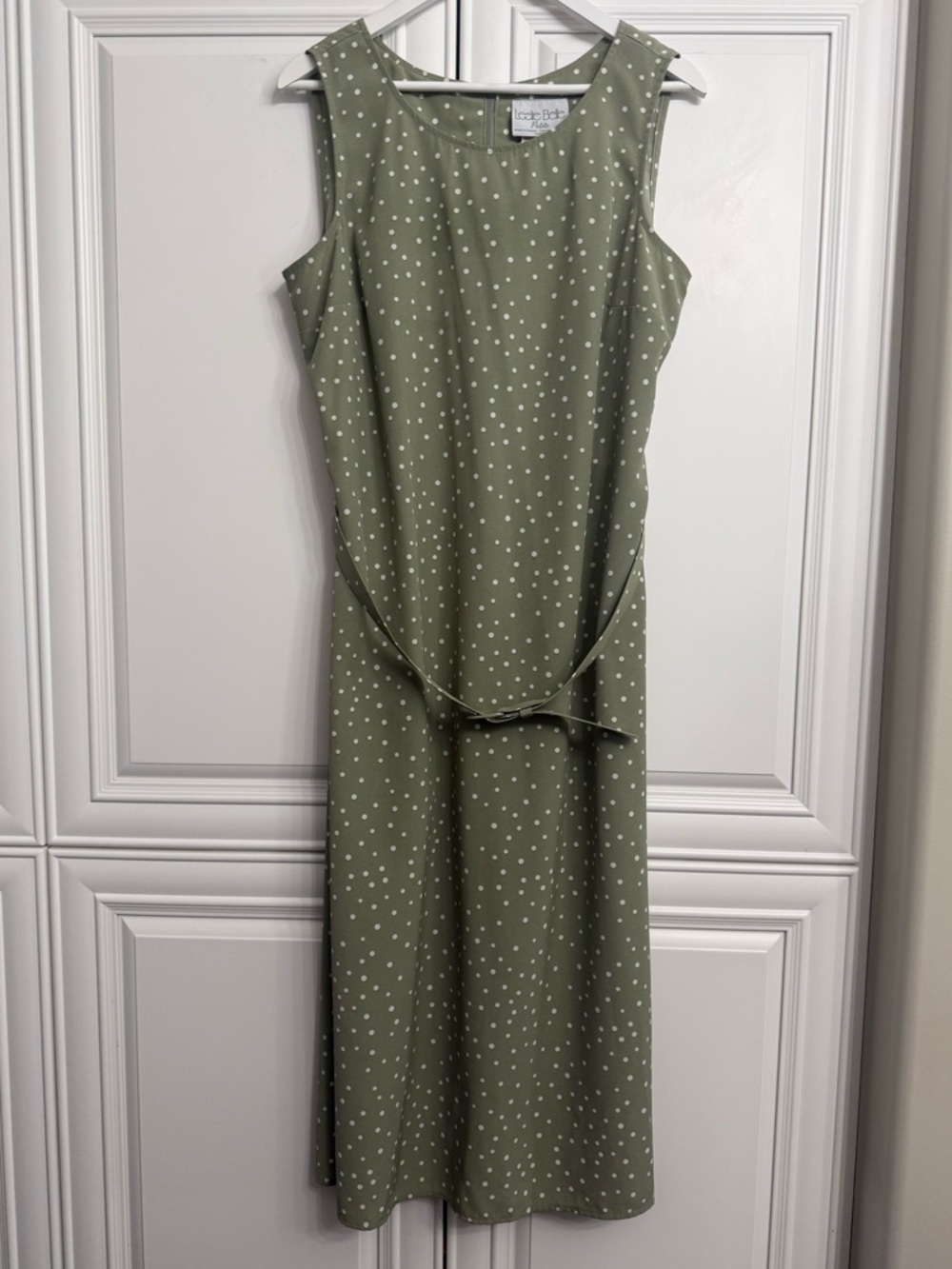 Leslie Belle Petite 16 Sleeveless Olive Polka Dot Maxi Dress Removable Waist Tie